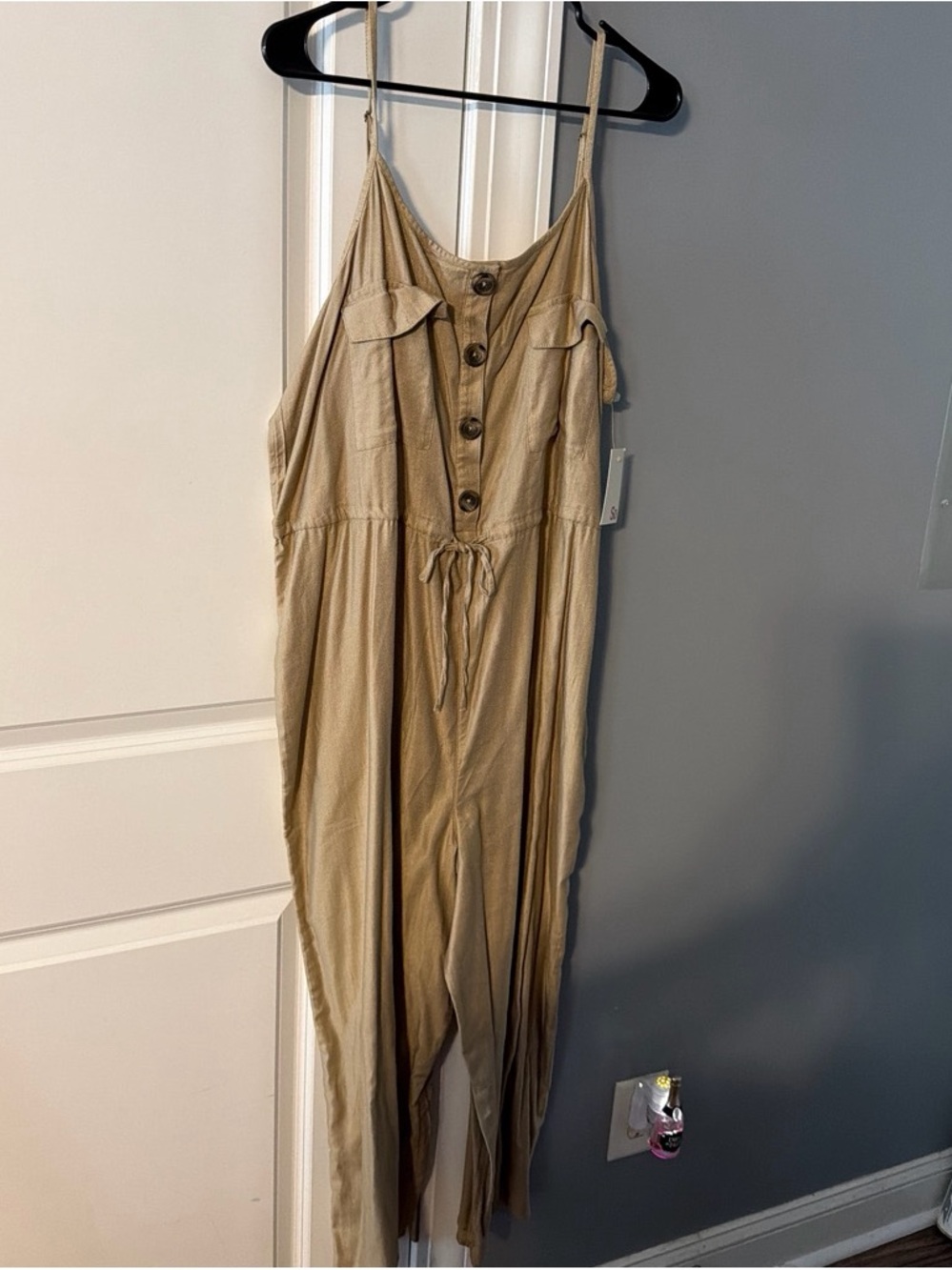 SO Light Tan Button-Front Spaghetti Strap Jumpsuit